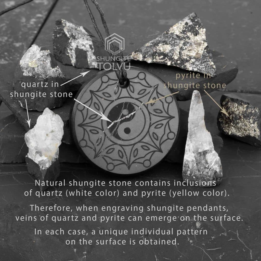 quartz and pyrite in shungite stone pendant Yin and Yang