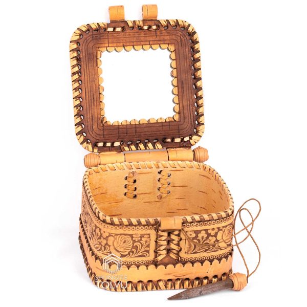 hand carved wooden box with mirror